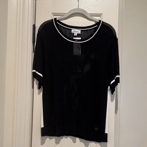 Evereve Black Mesh Short Sleeve Top with White Trim NWT